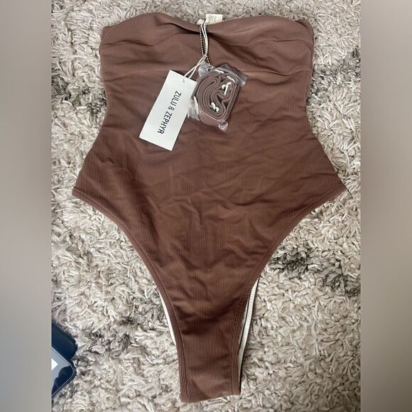 NWT FREE PEOPLE X ZULU & ZEPHYR BROWN RIBBED ONE PIECE - Picture 7 of 7